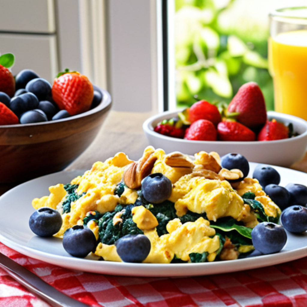 ** A vibrant breakfast scene featuring a plate of scrambled eggs with spinach, a handful of mixed nuts (almonds, walnuts, cashews), and a bowl of fresh berries (blueberries and strawberries). The setting is a bright, sunlit kitchen.

**