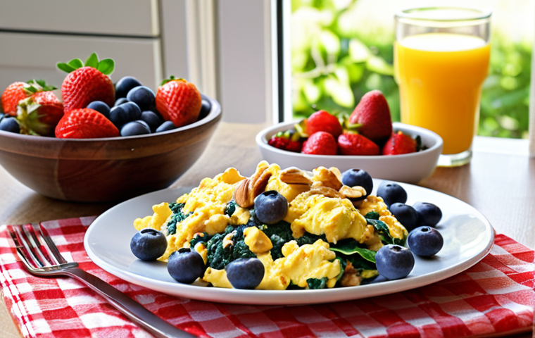 ** A vibrant breakfast scene featuring a plate of scrambled eggs with spinach, a handful of mixed nuts (almonds, walnuts, cashews), and a bowl of fresh berries (blueberries and strawberries). The setting is a bright, sunlit kitchen.
**