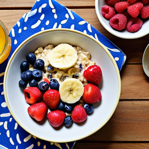 Home 14 **A vibrant breakfast scene:** Include a bowl of oatmeal topped with mixed berries (strawberries, blueberries, raspberries), a sliced banana, and a drizzle of honey. Next to the bowl, place a plate with scrambled eggs and a side of mixed nuts and seeds.