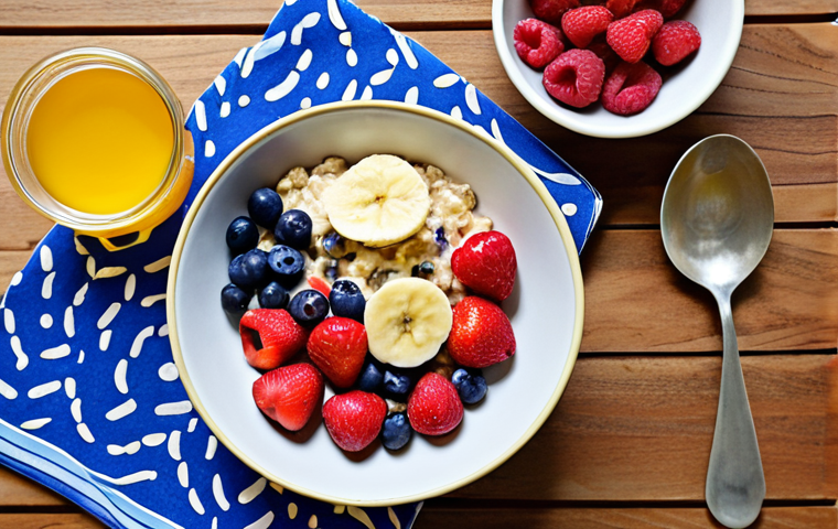 **A vibrant breakfast scene:** Include a bowl of oatmeal topped with mixed berries (strawberries, blueberries, raspberries), a sliced banana, and a drizzle of honey. Next to the bowl, place a plate with scrambled eggs and a side of mixed nuts and seeds.