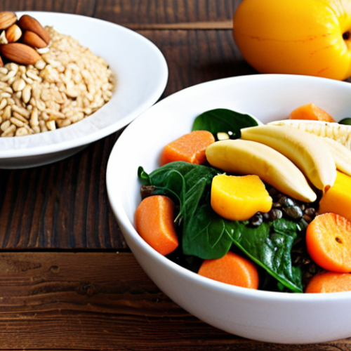 Home 7 **Image Prompt 1: "A vibrant, well-balanced meal for sustained energy, beautifully arranged on a rustic wooden table. The main dish features a generous portion of brown rice or oats, surrounded by an assortment of colorful, lightly steamed or sautéed vegetables such as bright green spinach, orange carrots, and red bell peppers. Alongside this, there's a lean protein source like a perfectly cooked egg or a small bowl of lentil curry. A side of fresh, seasonal fruits like sliced mango, banana, or a cluster of grapes adds a natural sweetness and pop of color. A small bowl of mixed nuts (almonds, walnuts) is placed strategically to highlight healthy fats. The lighting is soft and natural, emphasizing freshness and wholesome nutrition, evoking a feeling of vitality and well-being. Focus on textures and rich, inviting colors."**