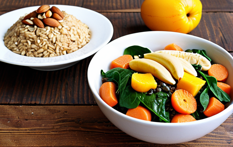 **Image Prompt 1: "A vibrant, well-balanced meal for sustained energy, beautifully arranged on a rustic wooden table. The main dish features a generous portion of brown rice or oats, surrounded by an assortment of colorful, lightly steamed or sautéed vegetables such as bright green spinach, orange carrots, and red bell peppers. Alongside this, there's a lean protein source like a perfectly cooked egg or a small bowl of lentil curry. A side of fresh, seasonal fruits like sliced mango, banana, or a cluster of grapes adds a natural sweetness and pop of color. A small bowl of mixed nuts (almonds, walnuts) is placed strategically to highlight healthy fats. The lighting is soft and natural, emphasizing freshness and wholesome nutrition, evoking a feeling of vitality and well-being. Focus on textures and rich, inviting colors."**