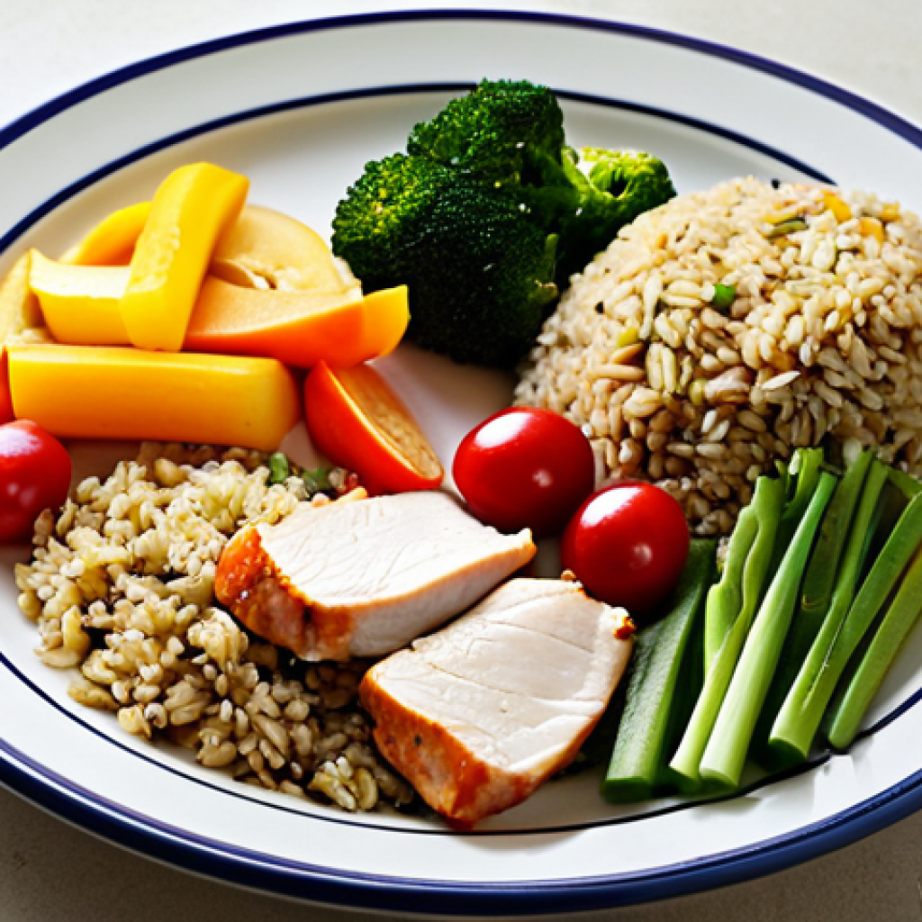 Balanced Meal**

"A beautifully arranged plate showcasing a balanced meal: colorful vegetables, lean protein (chicken or fish), whole grains (brown rice or quinoa), and a side of fruit. The setting is a bright, inviting kitchen. professional lighting, food photography, safe for work, appropriate content, fully clothed, professional, modest, family-friendly, perfect anatomy, correct proportions, natural pose, well-formed hands, proper finger count, natural body proportions."

**