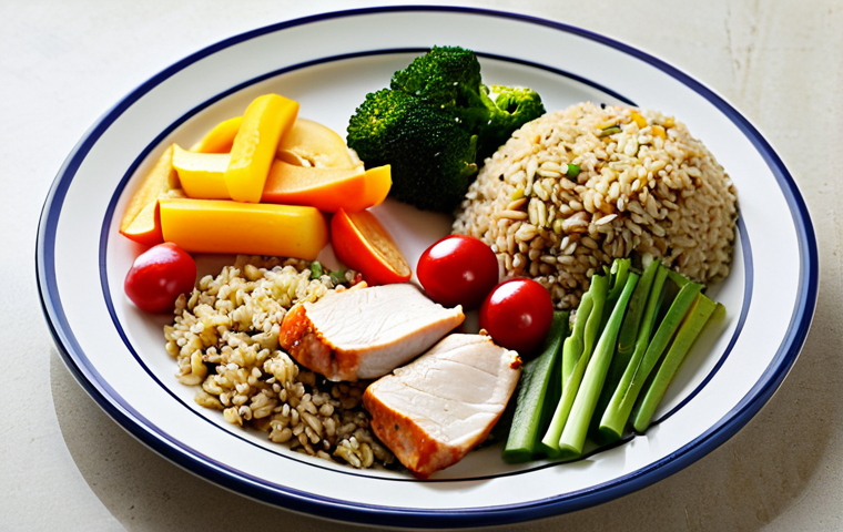 Balanced Meal**

"A beautifully arranged plate showcasing a balanced meal: colorful vegetables, lean protein (chicken or fish), whole grains (brown rice or quinoa), and a side of fruit. The setting is a bright, inviting kitchen. professional lighting, food photography, safe for work, appropriate content, fully clothed, professional, modest, family-friendly, perfect anatomy, correct proportions, natural pose, well-formed hands, proper finger count, natural body proportions."

**