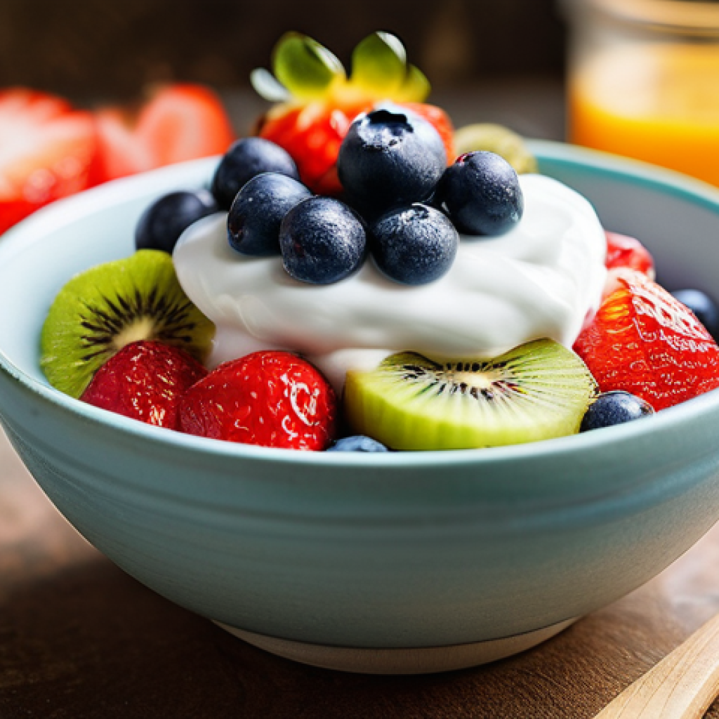 에너지 증가를 위한 저칼로리 간식 - **Vibrant Yogurt and Fruit Bowl:** A close-up, brightly lit photograph of a colorful bowl of Greek y...