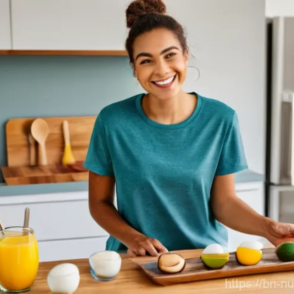 에너지를 높이는 고칼로리 간식 추천 - **Prompt:** A young, energetic woman (20s-30s) stands in a bright, sunlit kitchen, gently smiling. S...