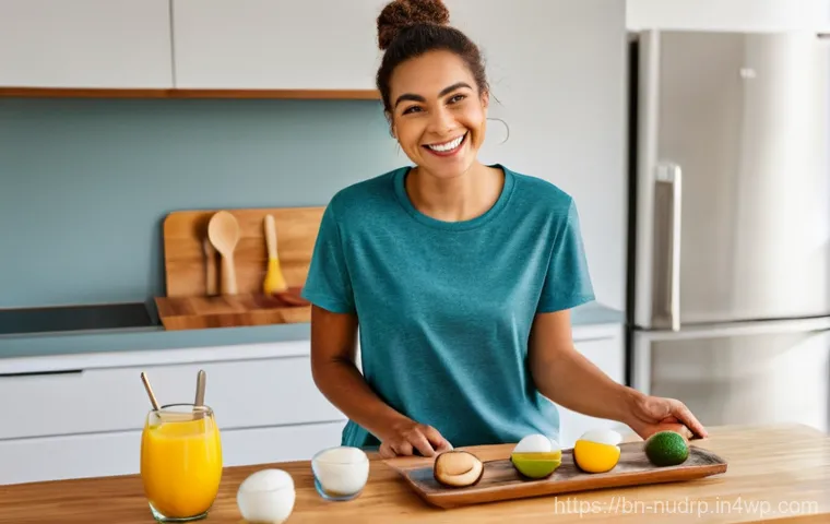에너지를 높이는 고칼로리 간식 추천 - **Prompt:** A young, energetic woman (20s-30s) stands in a bright, sunlit kitchen, gently smiling. S...