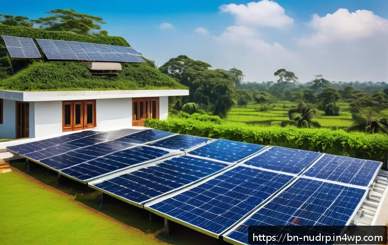 에너지 효율을 높이는 재료 선택법 - A modern, eco-friendly home rooftop scene in Bangladesh featuring solar panels and reflective roofin...