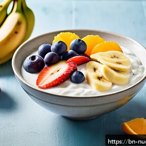 Home 32 에너지를 높이는 스낵 만들기 - A vibrant and healthy snack scene featuring a bowl of fresh mixed fruits including banana slices, ap...
