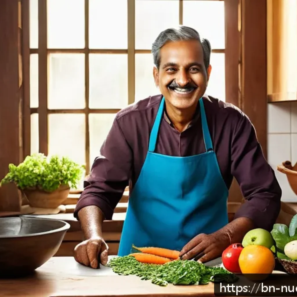 에너지 레벨을 위한 고섬유질 식사 - A vibrant Bengali kitchen scene featuring a middle-aged Bengali man preparing a high-fiber meal with...