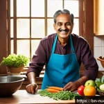 Home 19 에너지 레벨을 위한 고섬유질 식사 - A vibrant Bengali kitchen scene featuring a middle-aged Bengali man preparing a high-fiber meal with...