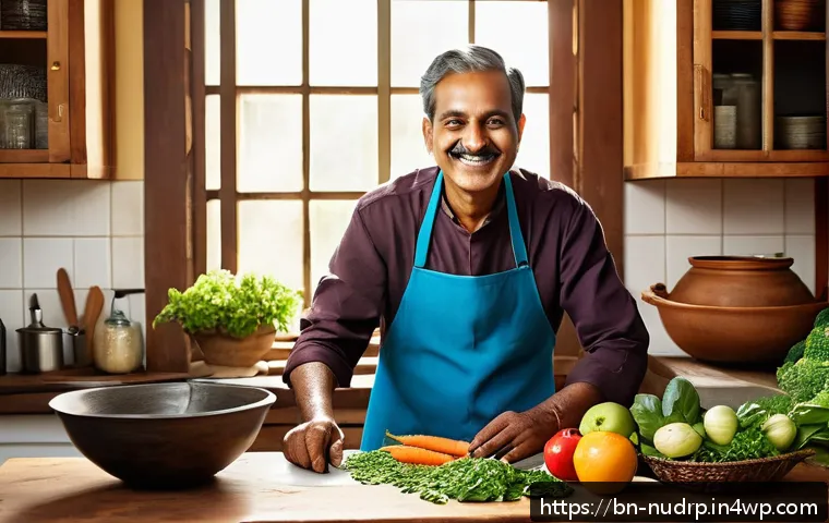 에너지 레벨을 위한 고섬유질 식사 - A vibrant Bengali kitchen scene featuring a middle-aged Bengali man preparing a high-fiber meal with...