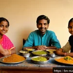 Home 18 식사 시간과 에너지 수준의 관계 - A peaceful Bengali family dinner scene at home, showing a diverse group of adults and children weari...