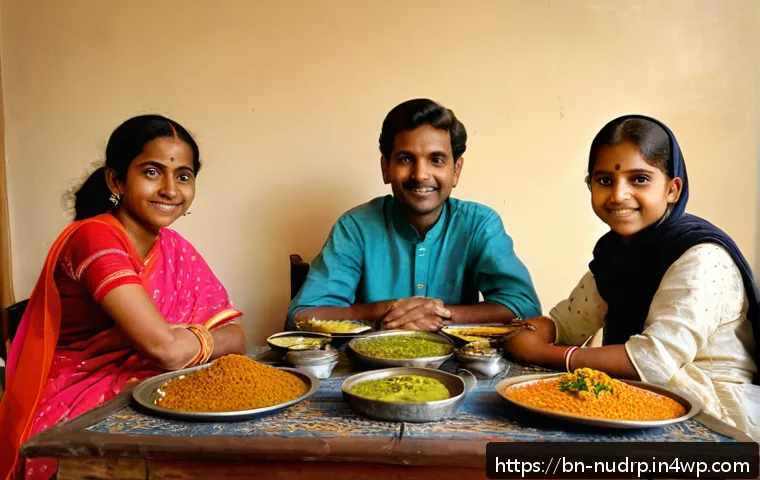 식사 시간과 에너지 수준의 관계 - A peaceful Bengali family dinner scene at home, showing a diverse group of adults and children weari...