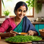 Home 23 비타민 B군으로 에너지 향상하기 - A vibrant, realistic illustration of a Bengali woman in her 30s, sitting at a traditional wooden din...