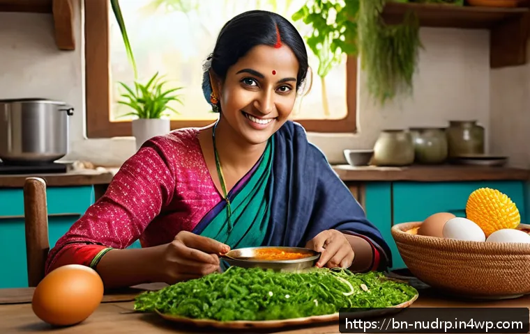 비타민 B군으로 에너지 향상하기 - A vibrant, realistic illustration of a Bengali woman in her 30s, sitting at a traditional wooden din...