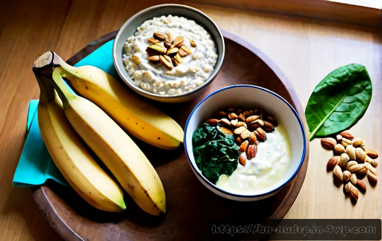 에너지 수준을 높이는 자연식품 추천 - Photorealistic overhead still life of natural energy-boosting foods arranged neatly on a warm wooden...